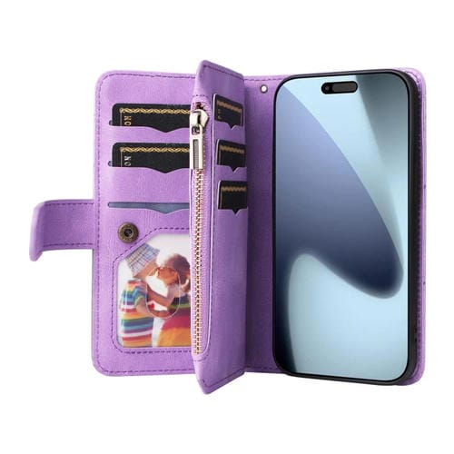 Funda de cuero con cremallera para iPhone 17 Pro, bicolor, con 9 ranuras para tarjetas (morado)
