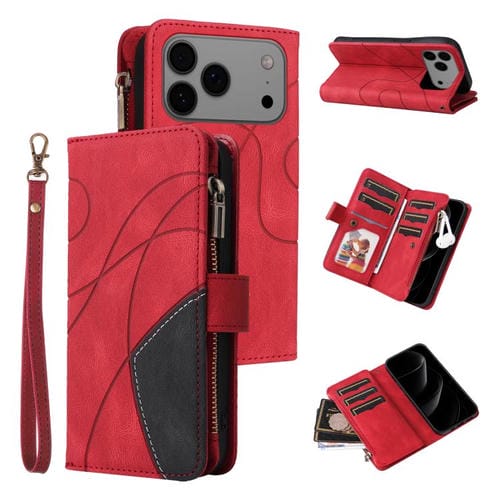 Funda de cuero con cremallera para iPhone 17 Pro Max, bicolor, con 9 ranuras para tarjetas (roja)