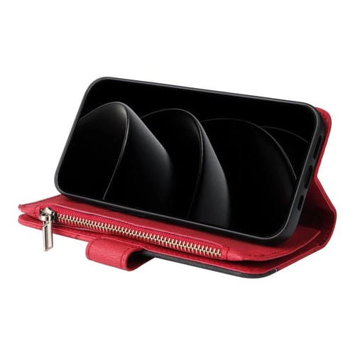 Funda de cuero con cremallera para iPhone 17 Pro Max, bicolor, con 9 ranuras para tarjetas (roja)