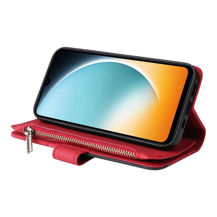 Funda de cuero con cremallera para Redmi A5 4G (171,7 mm) / Poco C71, bicolor, con 9 ranuras para tarjetas (rojo)