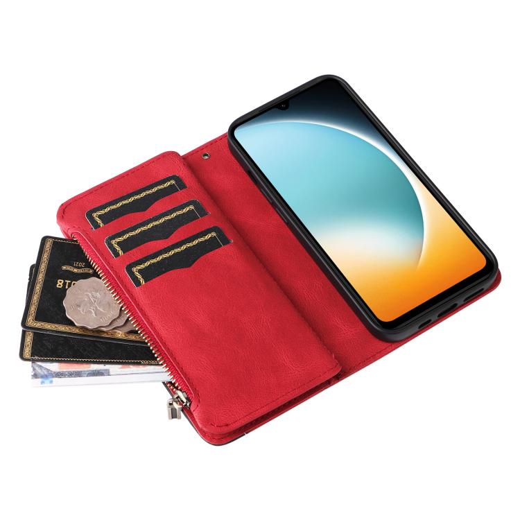 Funda de cuero con cremallera para Redmi A5 4G (171,7 mm) / Poco C71, bicolor, con 9 ranuras para tarjetas (rojo)