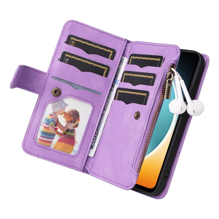 Funda de cuero con cremallera para Redmi A5 4G (171,7 mm) / Poco C71, bicolor, con 9 ranuras para tarjetas (morado)