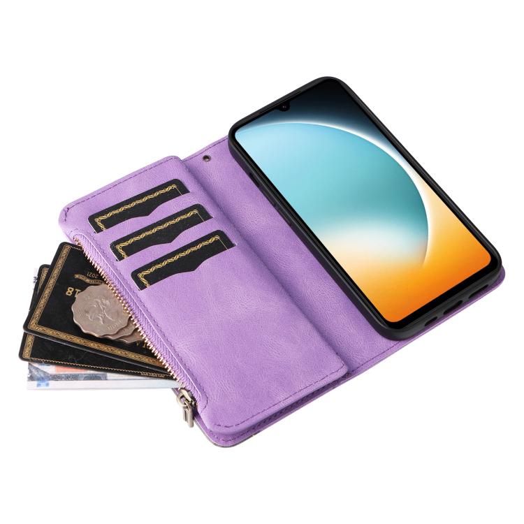 Funda de cuero con cremallera para Redmi A5 4G (171,7 mm) / Poco C71, bicolor, con 9 ranuras para tarjetas (morado)