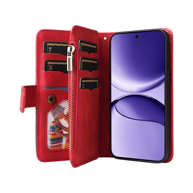 Funda de cuero con cremallera para Xiaomi Poco F7, color rojo, con 9 ranuras para tarjetas