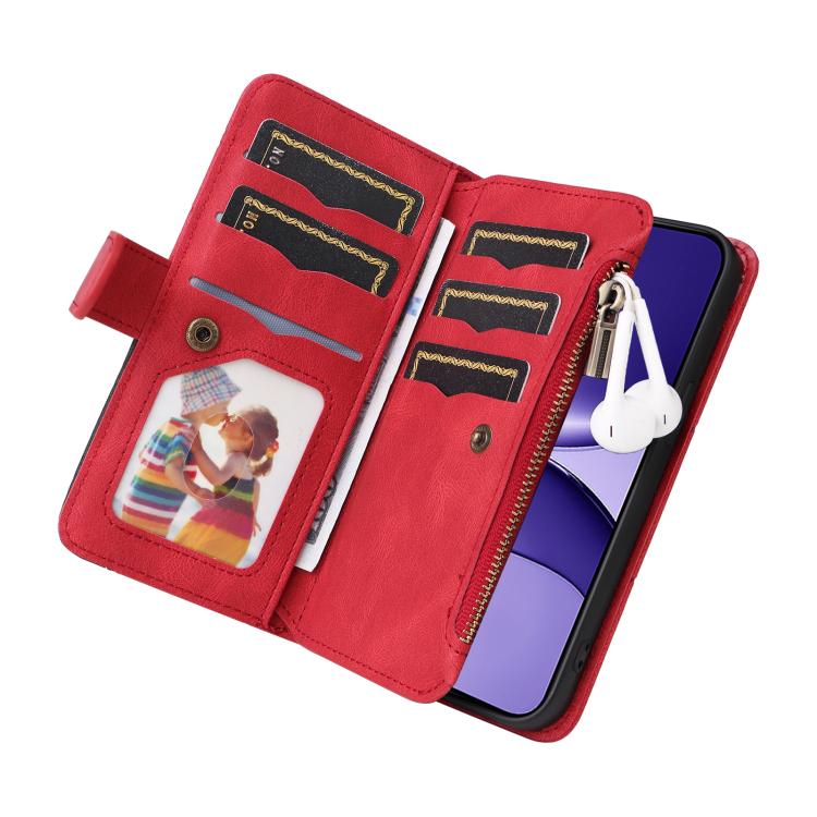 Funda de cuero con cremallera para Xiaomi Poco F7, color rojo, con 9 ranuras para tarjetas