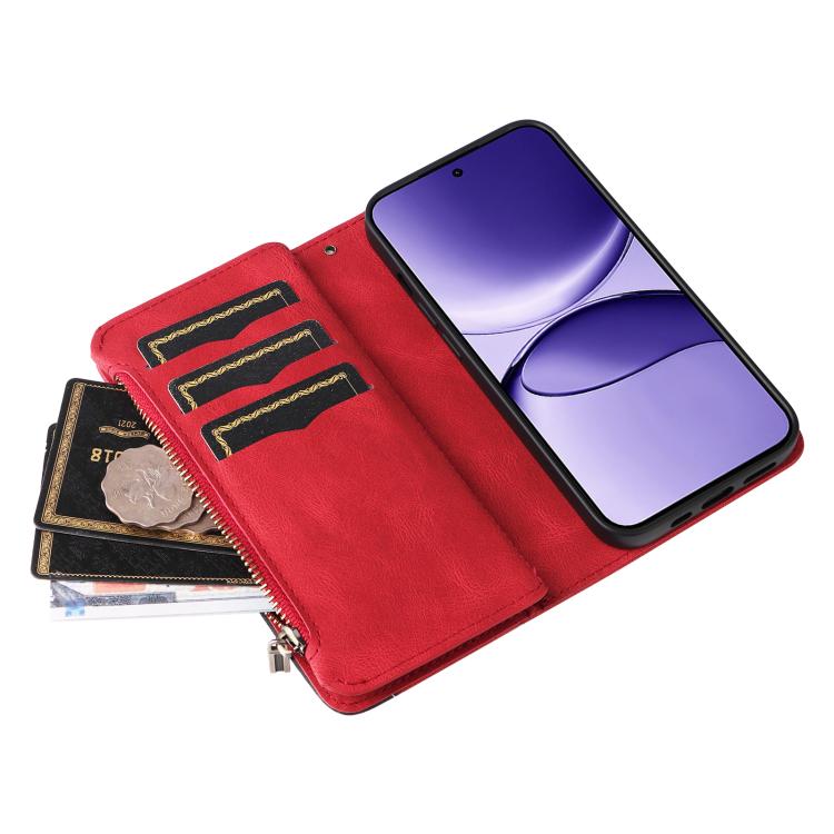 Funda de cuero con cremallera para Xiaomi Poco F7, color rojo, con 9 ranuras para tarjetas