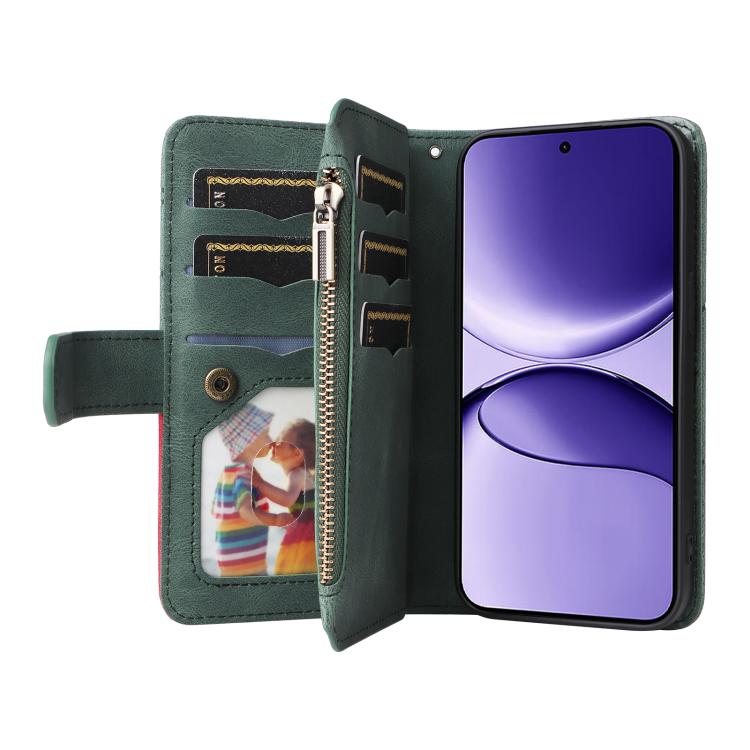 Funda de cuero con cremallera para Xiaomi Poco F7, color verde, con 9 ranuras para tarjetas