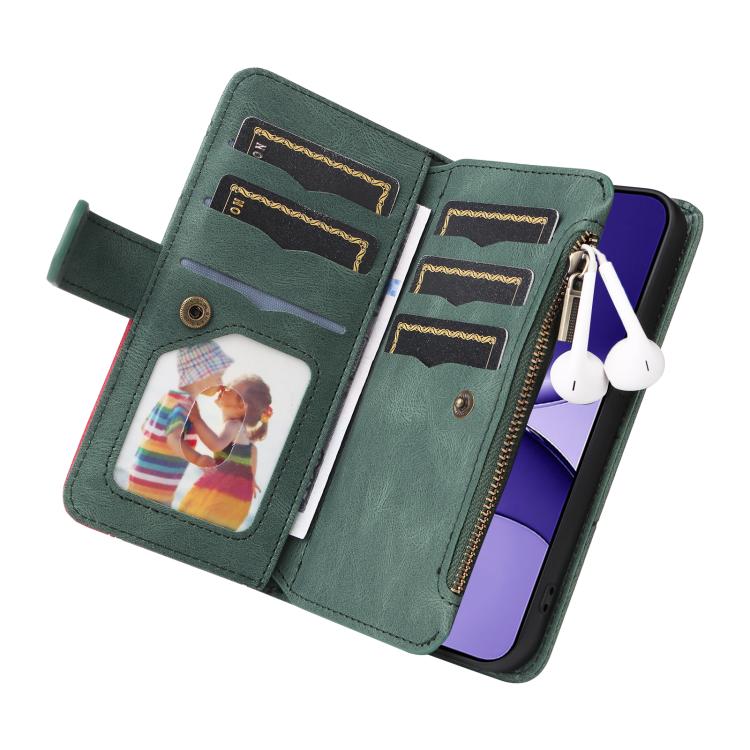 Funda de cuero con cremallera para Xiaomi Poco F7, color verde, con 9 ranuras para tarjetas