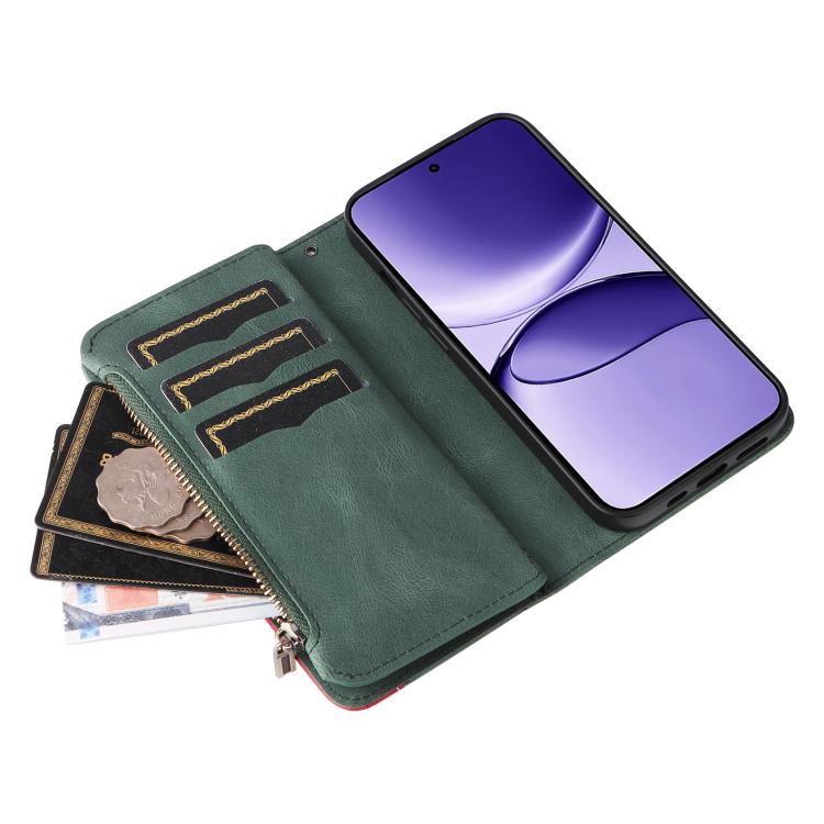 Funda de cuero con cremallera para Xiaomi Poco F7, color verde, con 9 ranuras para tarjetas