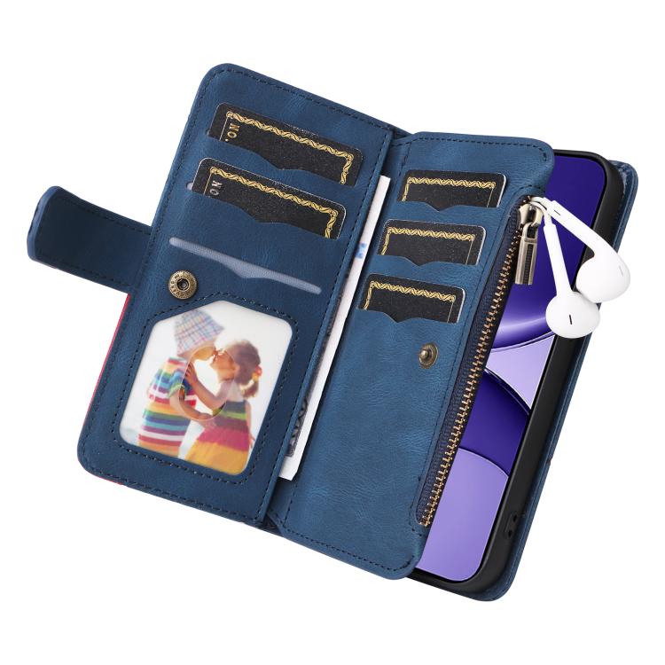 Funda de cuero con cremallera para Xiaomi Poco F7, color azul, con 9 ranuras para tarjetas