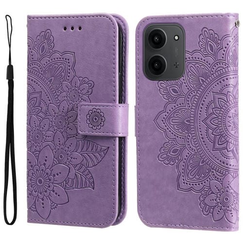 Funda de cuero con estampado de flores de siete pétalos para Redmi 15C 4G (173,1 mm) / Redmi 15C 5G (173,1 mm) (morado claro)