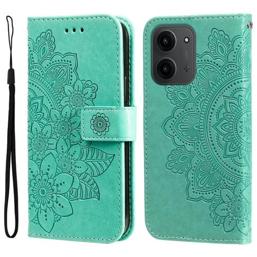 Funda de cuero con estampado de flores de siete pétalos para Redmi 15C 4G (173,1 mm) / Redmi 15C 5G (173,1 mm) (Verde)