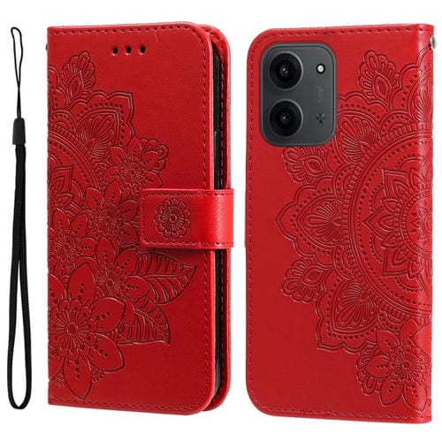 Funda de cuero con estampado de flores de siete pétalos para Redmi 15C 4G (173,1 mm) / Redmi 15C 5G (173,1 mm) (Rojo)