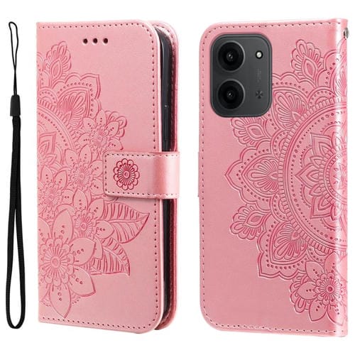 Funda de cuero con estampado de flores de siete pétalos para Redmi 15C 4G (173,1 mm) / Redmi 15C 5G (173,1 mm) (oro rosa)