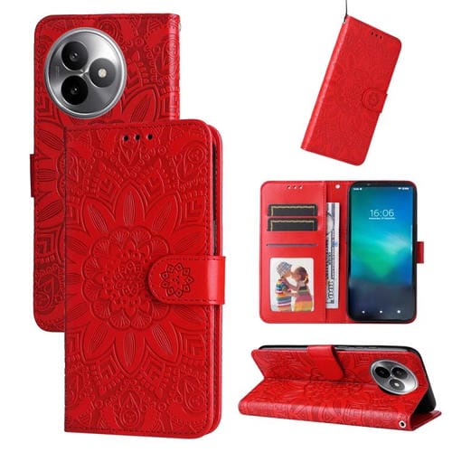 Funda de piel con estampado de girasoles en relieve para Redmi K80 Ultra (roja)