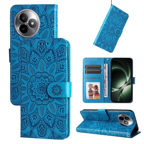 Funda de piel con estampado de girasoles en relieve para Redmi K80 Ultra (azul)