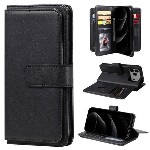 Funda de cuero multifunción tipo billetera con 10 ranuras para tarjetas para iPhone 17 Pro Max (negra)