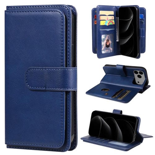 Funda de cuero multifunción tipo billetera para iPhone 17 Pro Max con 10 ranuras para tarjetas (azul oscuro)