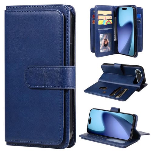 Funda de cuero multifunción tipo billetera para iPhone 17 Air con 10 ranuras para tarjetas (azul oscuro)