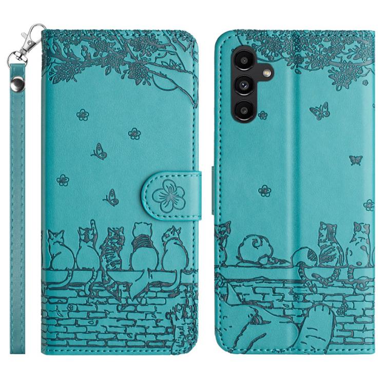 Funda de piel con estampado de gato y cordón para Samsung Galaxy S25 FE 5G (azul)