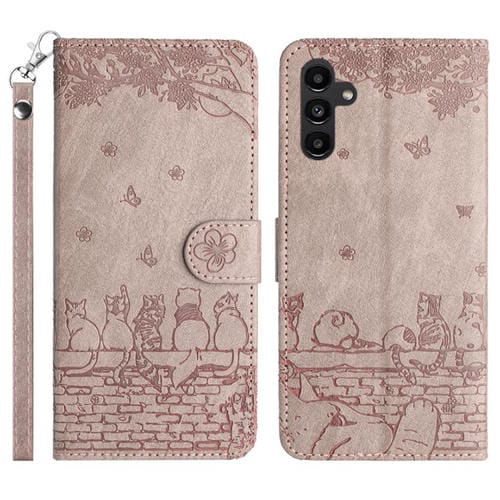 Funda de piel con estampado de gato y cordón para Samsung Galaxy S25 FE 5G (gris)
