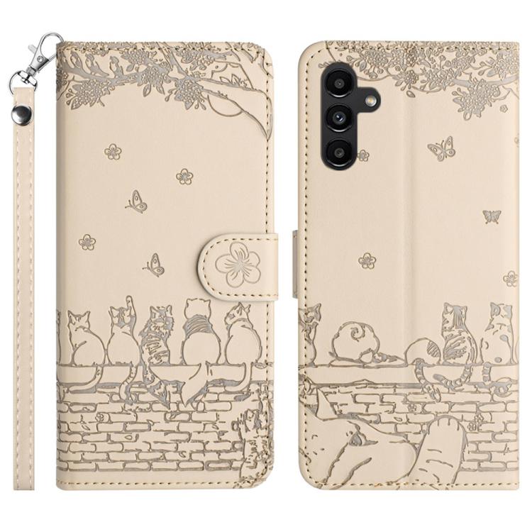 Funda de piel con estampado de gato y cordón para Samsung Galaxy S25 FE 5G (beige)