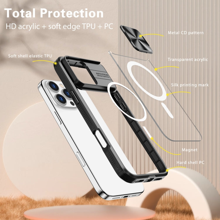 Funda para iPhone 16 Pro Max Cubierta Deslizante Acrílico PC TPU Magsafe Cobertura Total (Negra)