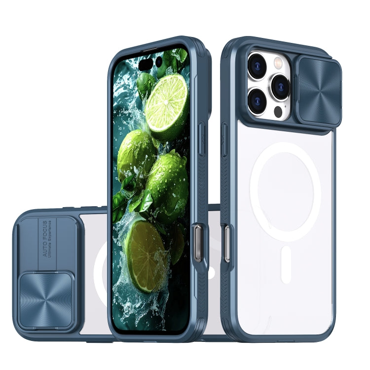 Funda para iPhone 16 Pro Cubierta Deslizante Acrílico PC TPU Lente Magsafe Cobertura Total (Azul Marino)