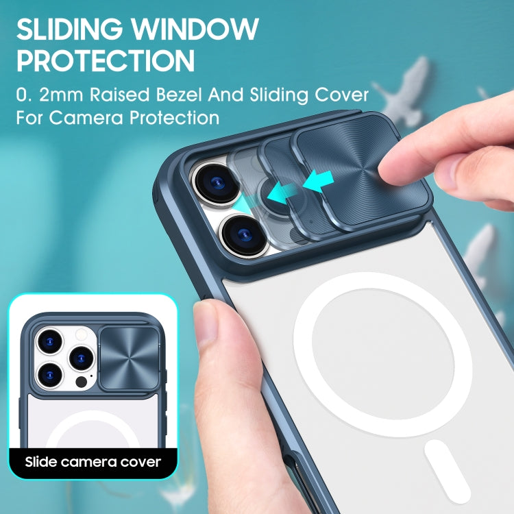 Funda para iPhone 16 Pro Cubierta Deslizante Acrílico PC TPU Lente Magsafe Cobertura Total (Azul Marino)