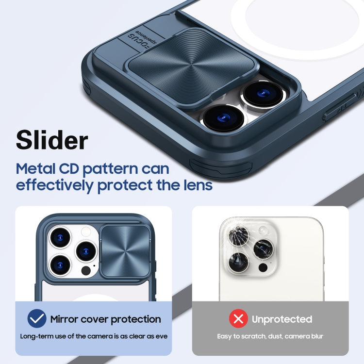 Funda para iPhone 16 Pro Cubierta Deslizante Acrílico PC TPU Lente Magsafe Cobertura Total (Azul Marino)