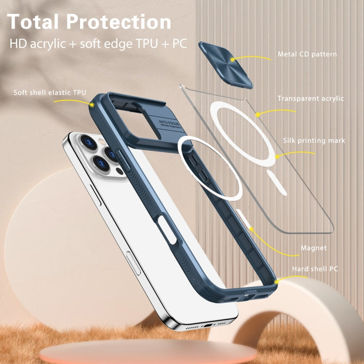 Funda para iPhone 16 Pro Cubierta Deslizante Acrílico PC TPU Lente Magsafe Cobertura Total (Azul Marino)