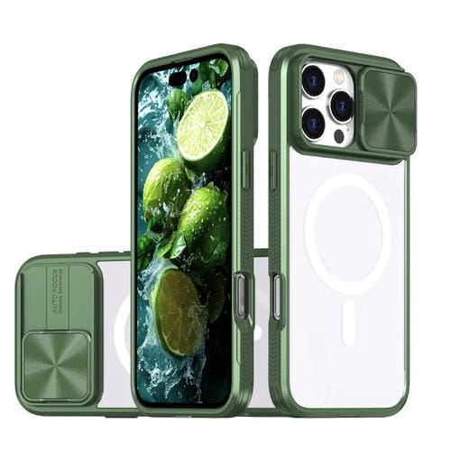Funda para iPhone 16 Pro cubierta deslizante acrílico Transparente PC TPU Magsafe (Verde Oliva)