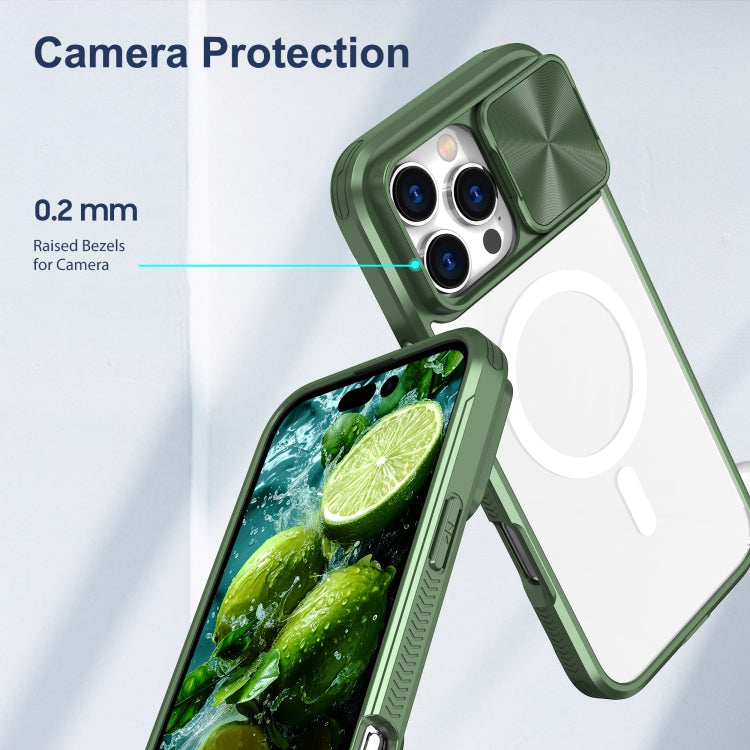 Funda para iPhone 16 Pro cubierta deslizante acrílico Transparente PC TPU Magsafe (Verde Oliva)