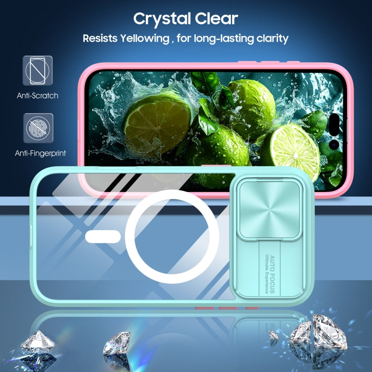 Funda para iPhone 16 Pro Cubierta Deslizante Acrílico Transparente PC TPU Magsafe (Azul + Rosa)