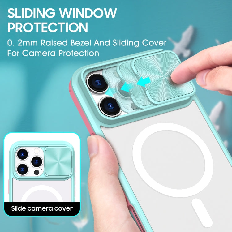 Funda para iPhone 16 Pro Cubierta Deslizante Acrílico Transparente PC TPU Magsafe (Azul + Rosa)