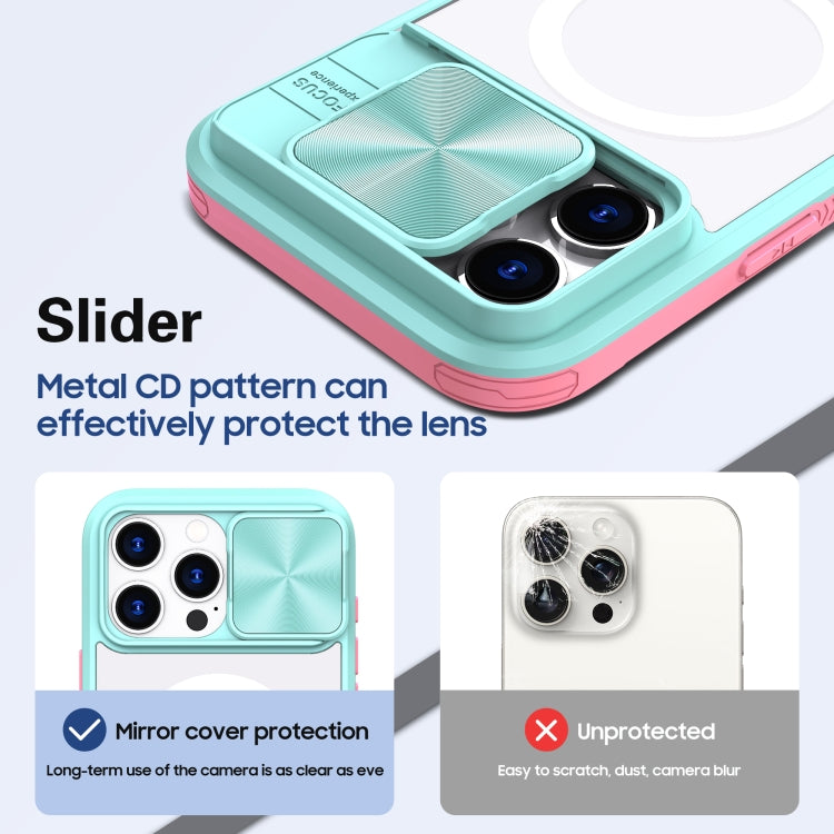 Funda para iPhone 16 Pro Cubierta Deslizante Acrílico Transparente PC TPU Magsafe (Azul + Rosa)
