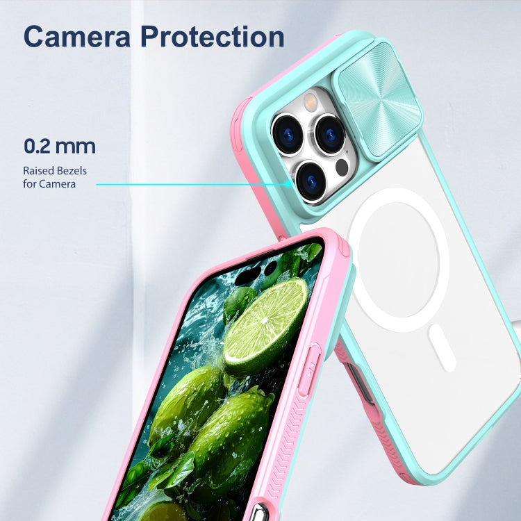 Funda para iPhone 16 Pro Cubierta Deslizante Acrílico Transparente PC TPU Magsafe (Azul + Rosa)