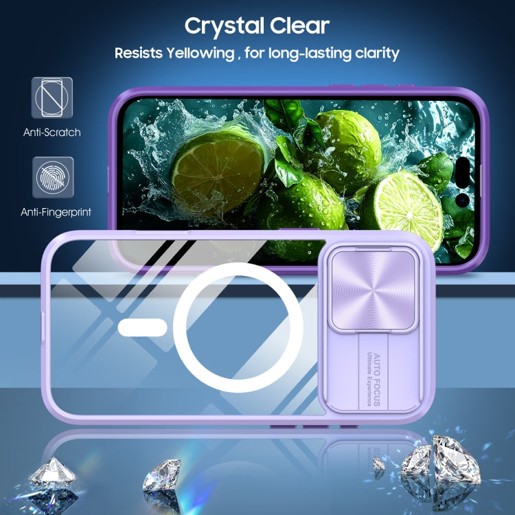 Funda para iPhone 16 Pro con Cubierta Deslizante Acrílico Transparente PC TPU Lente Magsafe Cobertura Total (Morado)