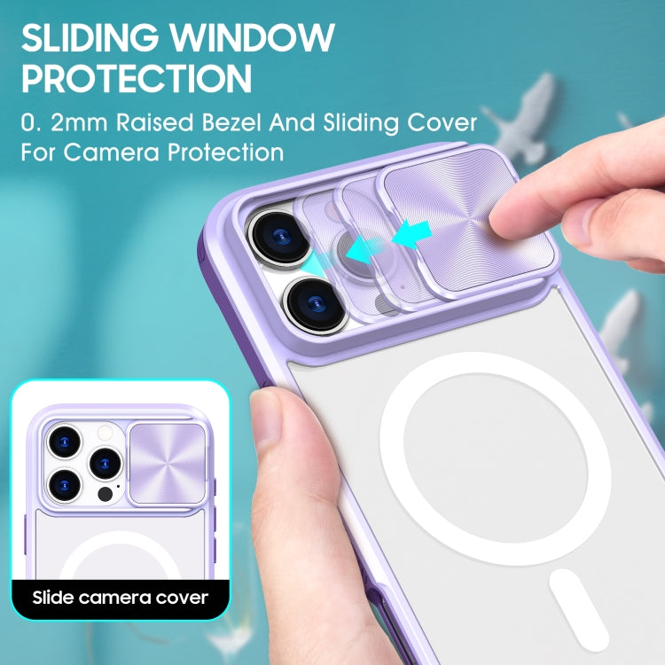 Funda para iPhone 16 Pro con Cubierta Deslizante Acrílico Transparente PC TPU Lente Magsafe Cobertura Total (Morado)