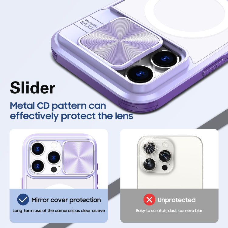 Funda para iPhone 16 Pro con Cubierta Deslizante Acrílico Transparente PC TPU Lente Magsafe Cobertura Total (Morado)