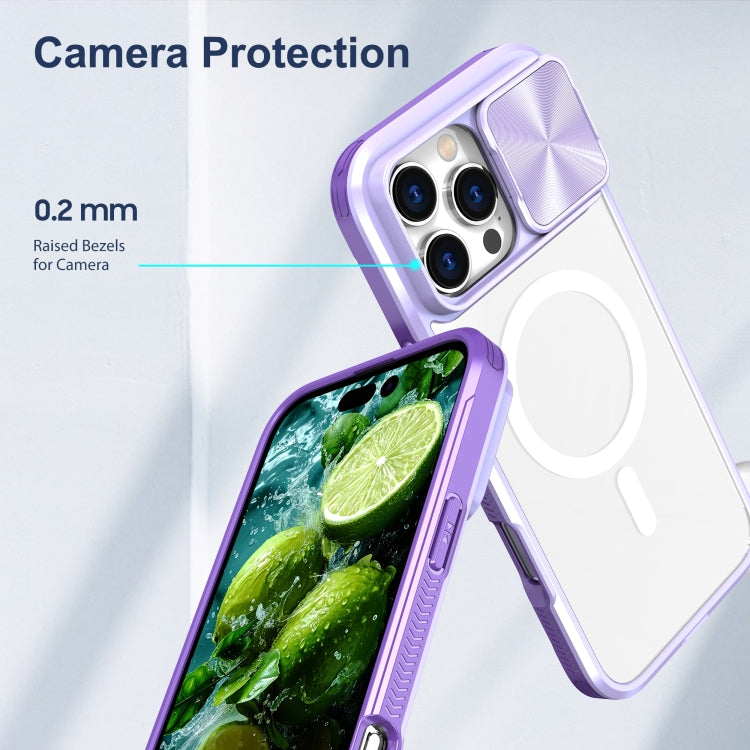 Funda para iPhone 16 Pro con Cubierta Deslizante Acrílico Transparente PC TPU Lente Magsafe Cobertura Total (Morado)