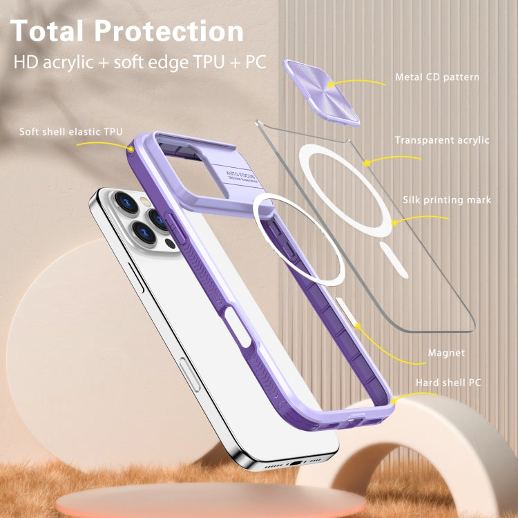 Funda para iPhone 16 Pro con Cubierta Deslizante Acrílico Transparente PC TPU Lente Magsafe Cobertura Total (Morado)