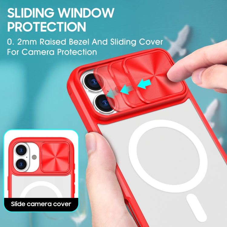 Funda para iPhone 16 Cubierta Deslizante Acrílico Transparente PC TPU Lente Magsafe (Rojo Chino)