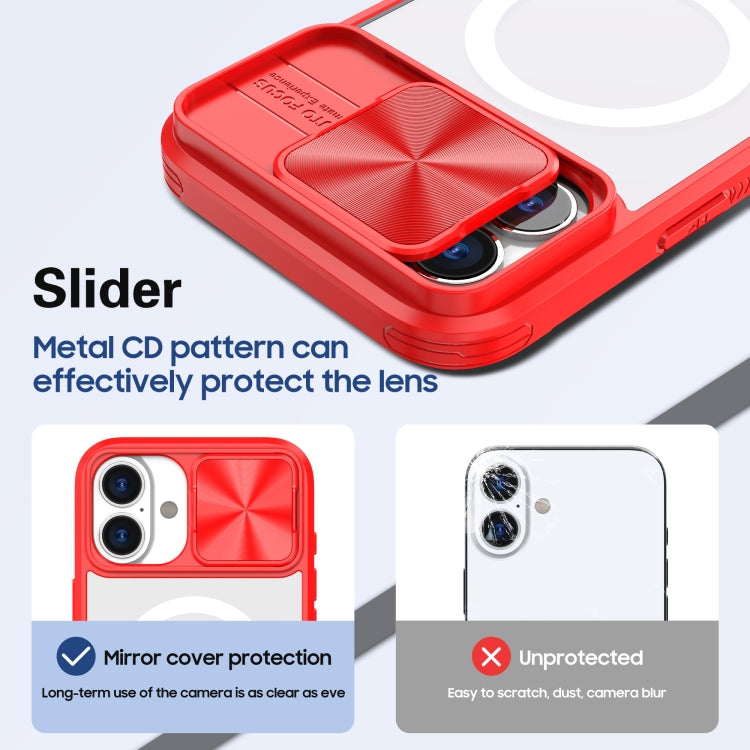 Funda para iPhone 16 Cubierta Deslizante Acrílico Transparente PC TPU Lente Magsafe (Rojo Chino)