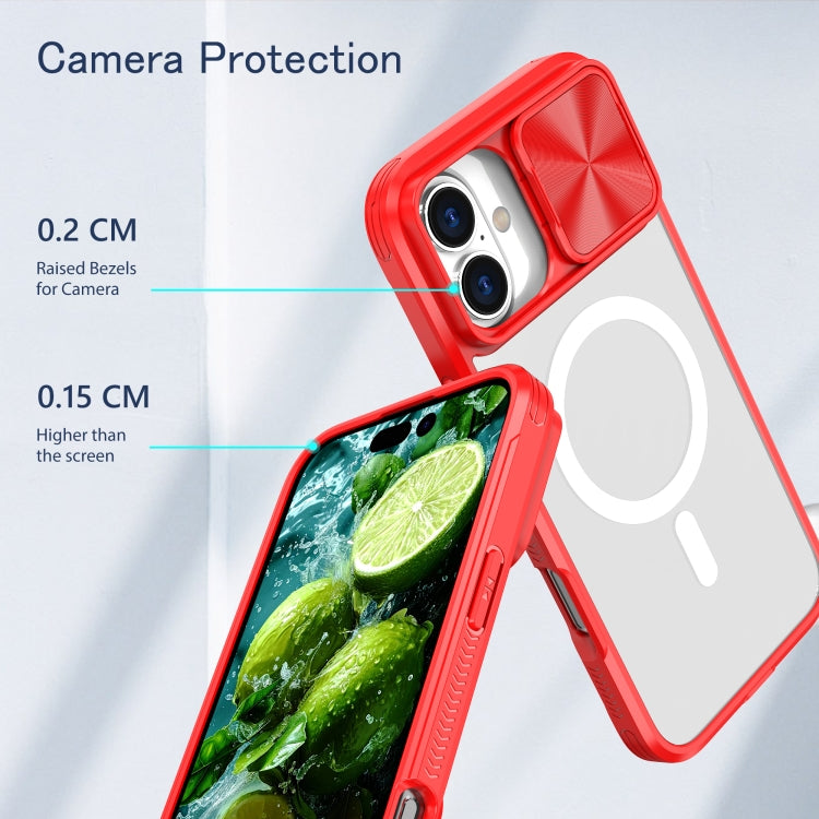 Funda para iPhone 16 Cubierta Deslizante Acrílico Transparente PC TPU Lente Magsafe (Rojo Chino)
