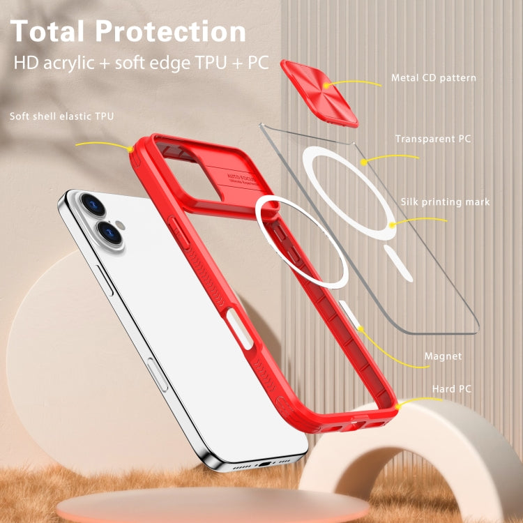 Funda para iPhone 16 Cubierta Deslizante Acrílico Transparente PC TPU Lente Magsafe (Rojo Chino)