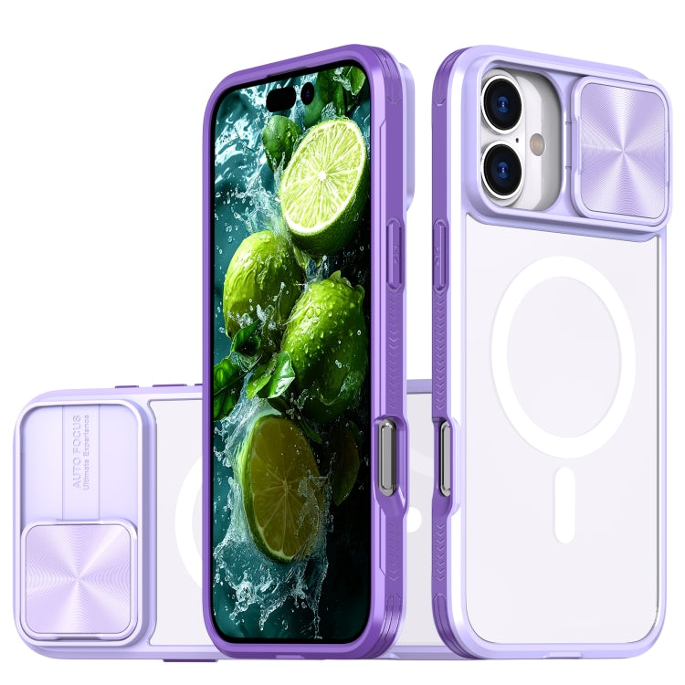 Funda para iPhone 16 Cubierta Deslizante Acrílico Transparente PC TPU Lente Magsafe Cobertura Total (Morado)