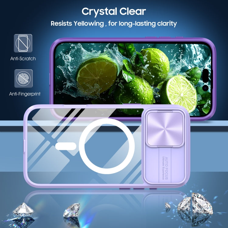 Funda para iPhone 16 Cubierta Deslizante Acrílico Transparente PC TPU Lente Magsafe Cobertura Total (Morado)