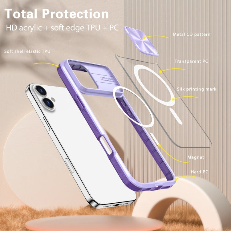 Funda para iPhone 16 Cubierta Deslizante Acrílico Transparente PC TPU Lente Magsafe Cobertura Total (Morado)