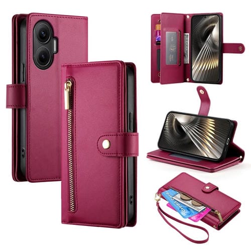 Funda de cuero con cremallera y ranura para tarjetas para Redmi Turbo 4 Pro y Xiaomi Poco F7 (rojo)